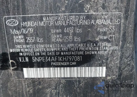 2019 Hyundai Sonata Limited из США, поврежденный, VIN 5NPE34AF1KH797081